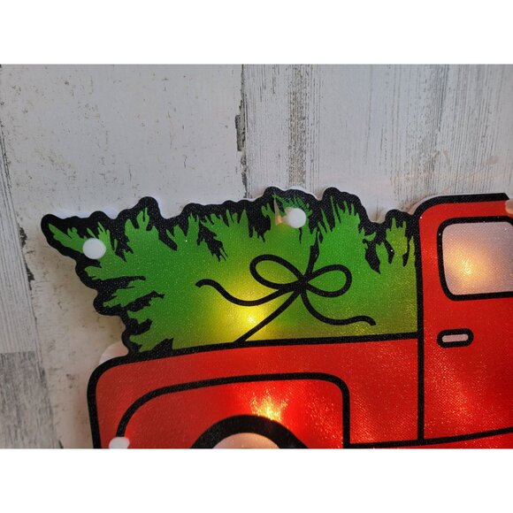 Light up red pickup trucks tree Xmas hanging wall sign decor vintage style - Picture 3 of 10